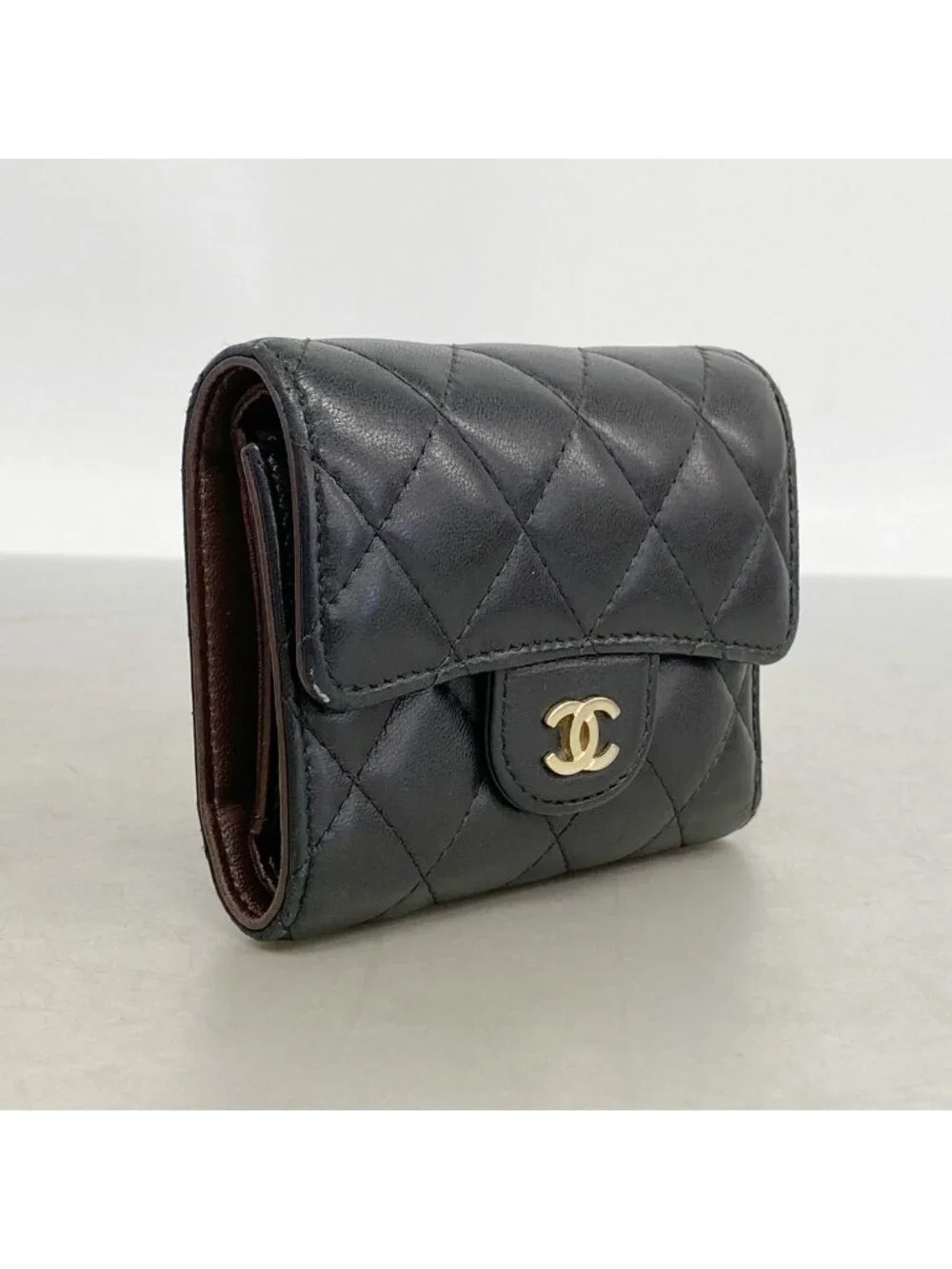 Chanel Trifold Wallet Quilted Lambskin Black Gold